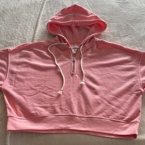 Aerie Pink Cropped Hoodie Sweatshirt, medium, textured material